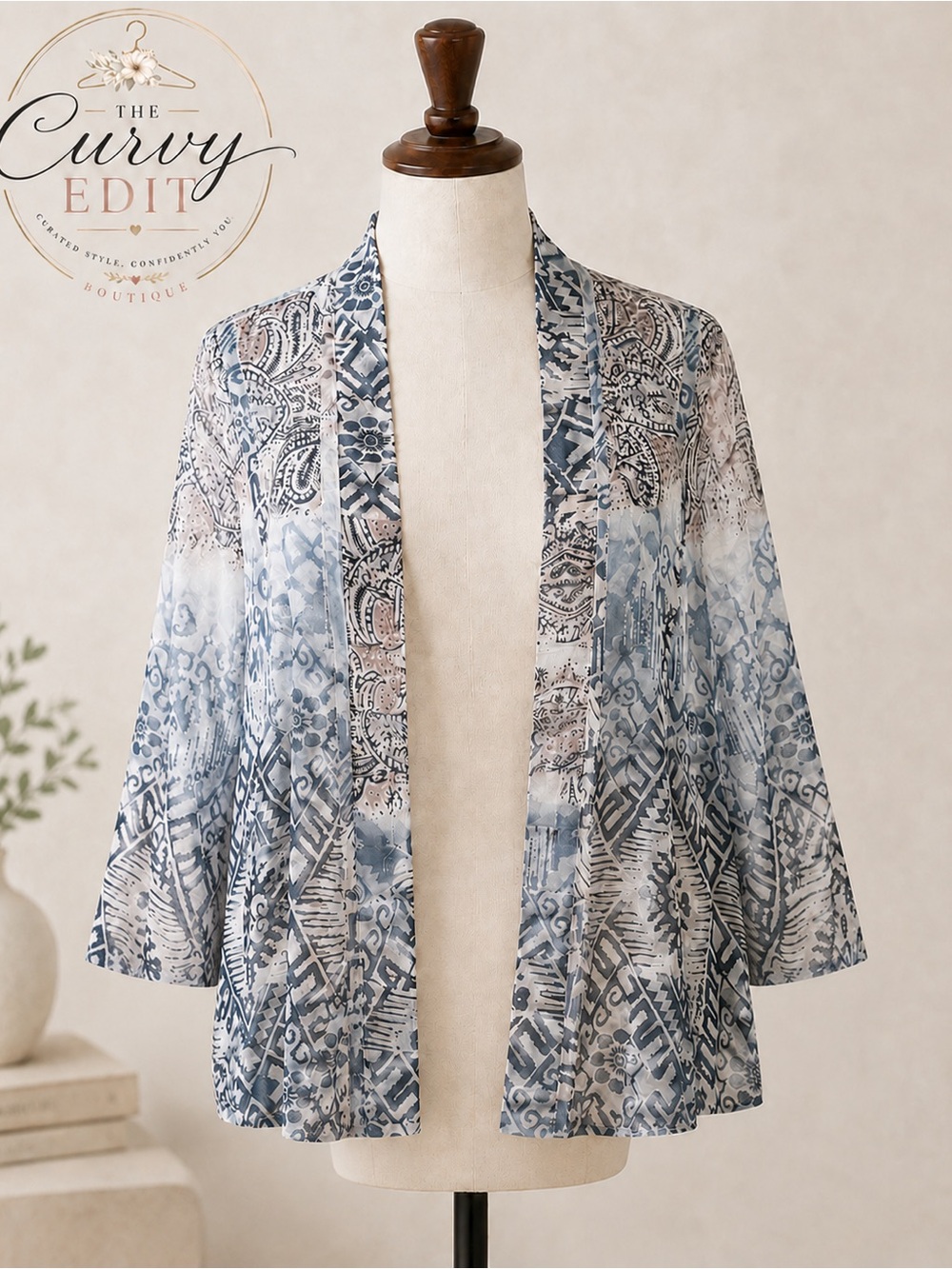 Chico’s 3 Sheer Mixed Print Open Front Jacket Blue Taupe Boho Elevated Casual